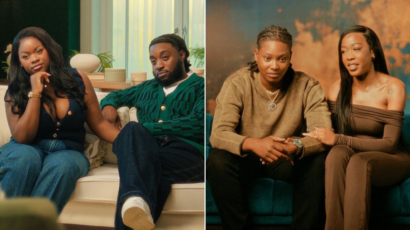 Screenshot of Two Black couples on a couch from the Netflix show Blue Therapy