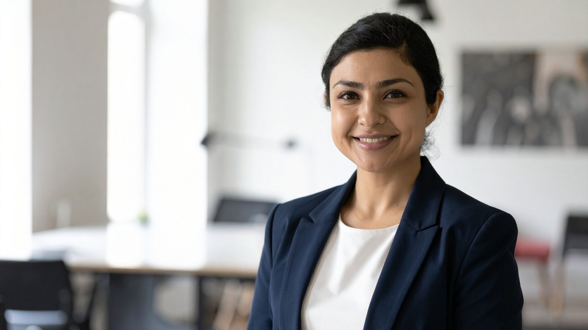 professional woman of colour smiling at the camera wearing a blazer and in a corporate office. BIPOC burnout and imposter syndrome